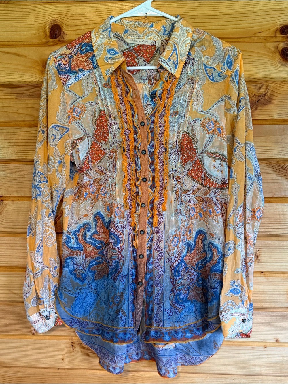 Soft Surroundings Paisley Button-Up Blouse in Mustard & Blue